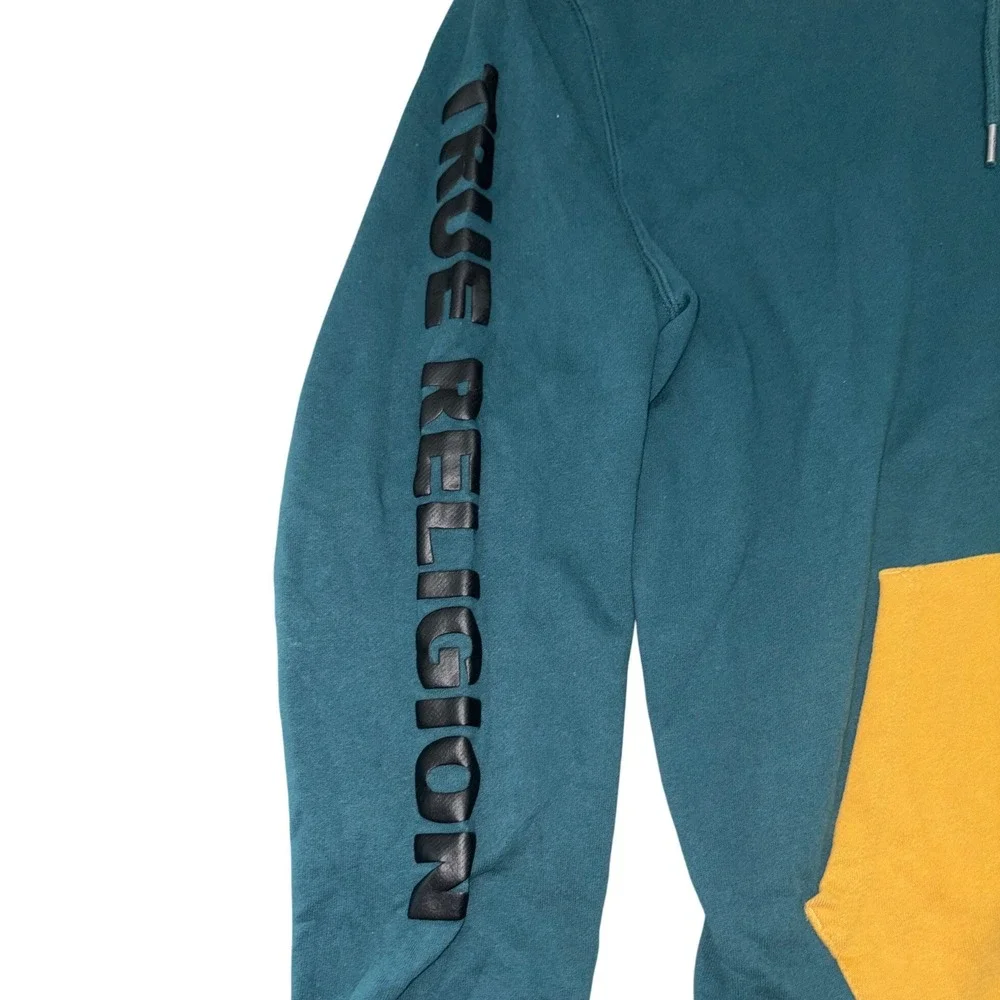 True Religion Hoodie Mens 2XL Teal Yellow Colorblock Pullover Sweatshirt Logo
